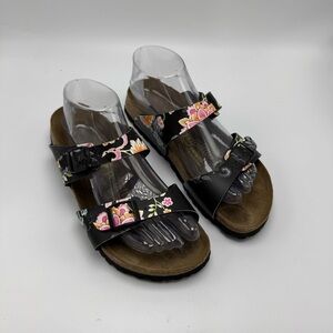 Birkenstock Papillio Floral 2 Strap Slide Sandals Size 7 Leather Cork Footbed